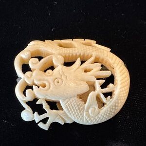 Intricate Vintage Carved Bone/Faux Ivory Dragon Brooch Labeled “MADE IN CHINA”